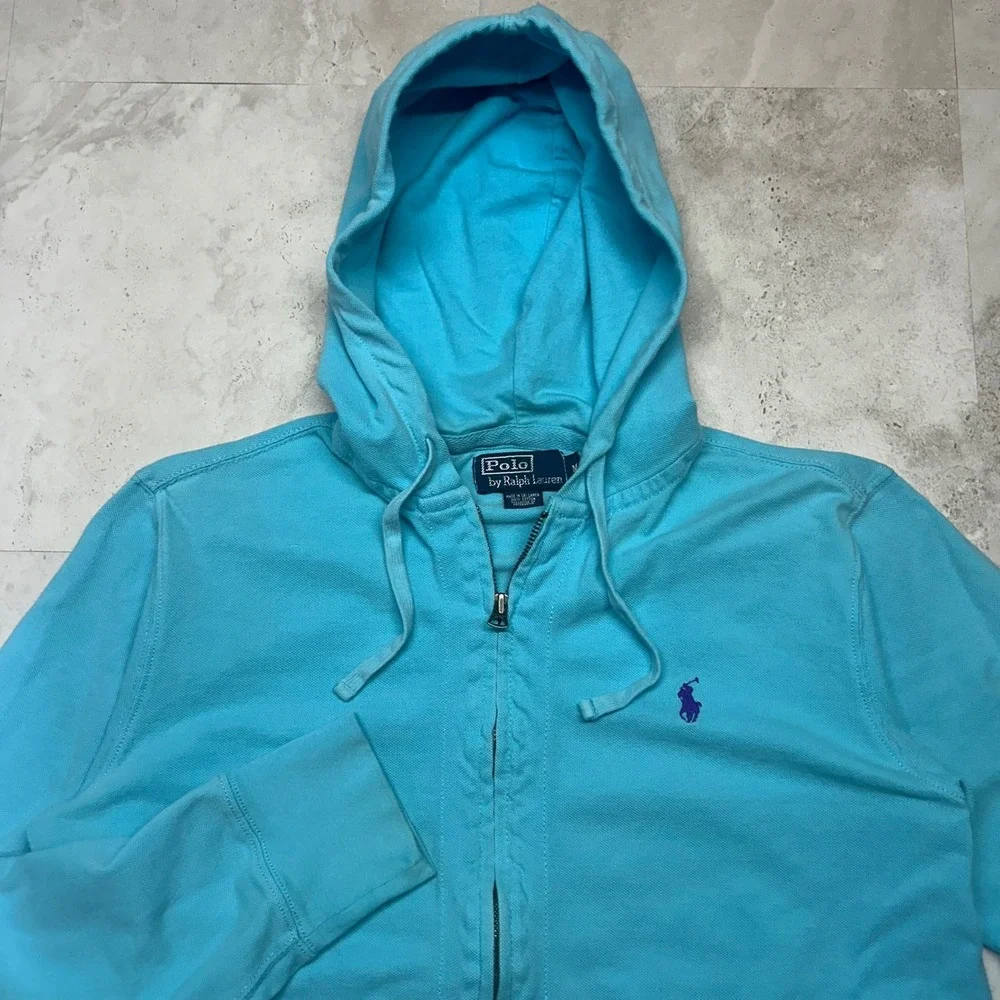 Polo Ralph Lauren Zip Up Hoodie Turquoise Blue Mens Size M Pique Cotton Pony